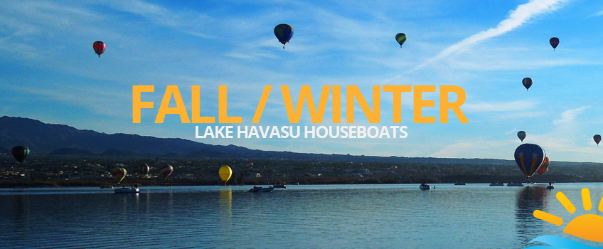 Serene fall/winter scene at Lake Havasu with houseboats amidst cool weather