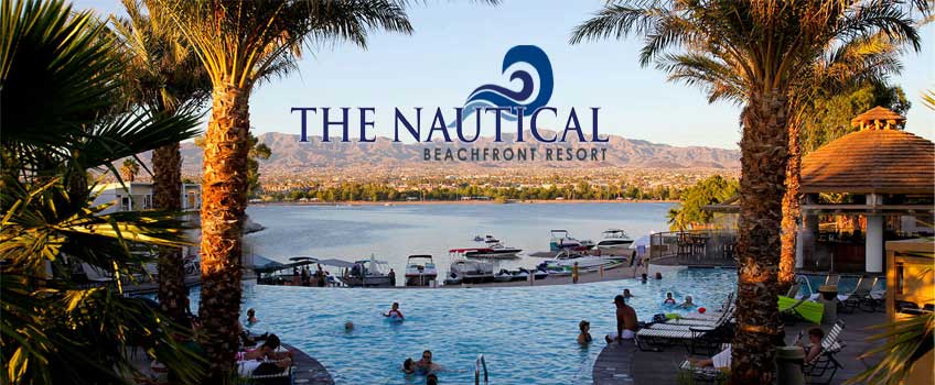 View of Nautical Beachfront Resort with houseboats on Lake Havasu